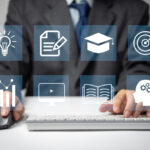 Digital internet technology online lessons screen. E-learning education, online web information management business concept.